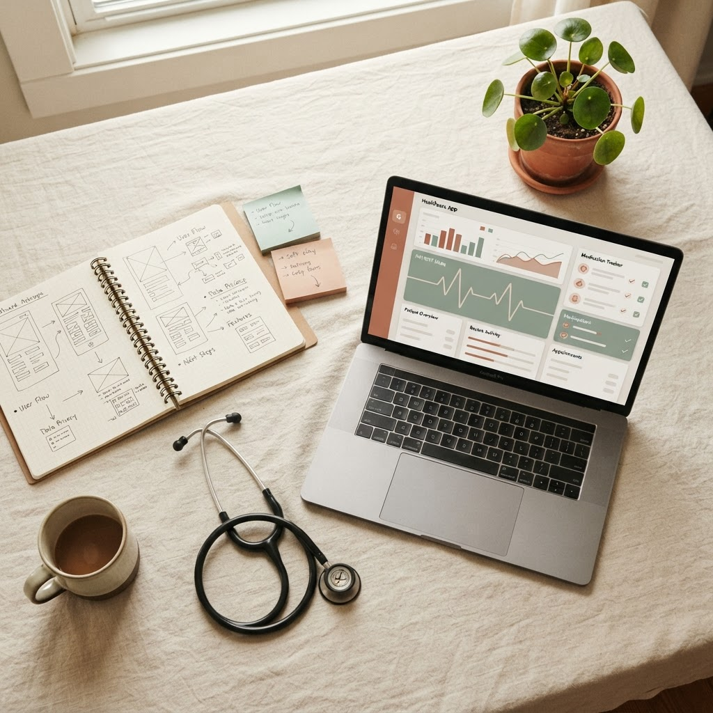 An editorial flat-lay of a laptop showing a healthcare app dashboard, a notebook with app wireframes, and a stethoscope on a warm cream surface